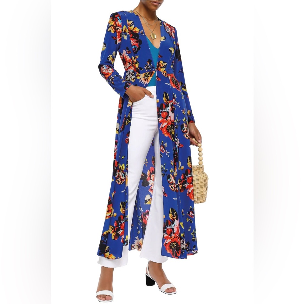 We Are Leone Blue Silk Peony Maxi Cardigan / Robe